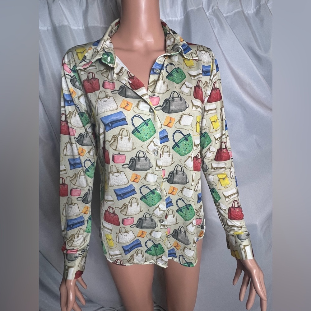 Adele Altman Handbag Print Button Front Blouse Women’s Size L Long Sleeve